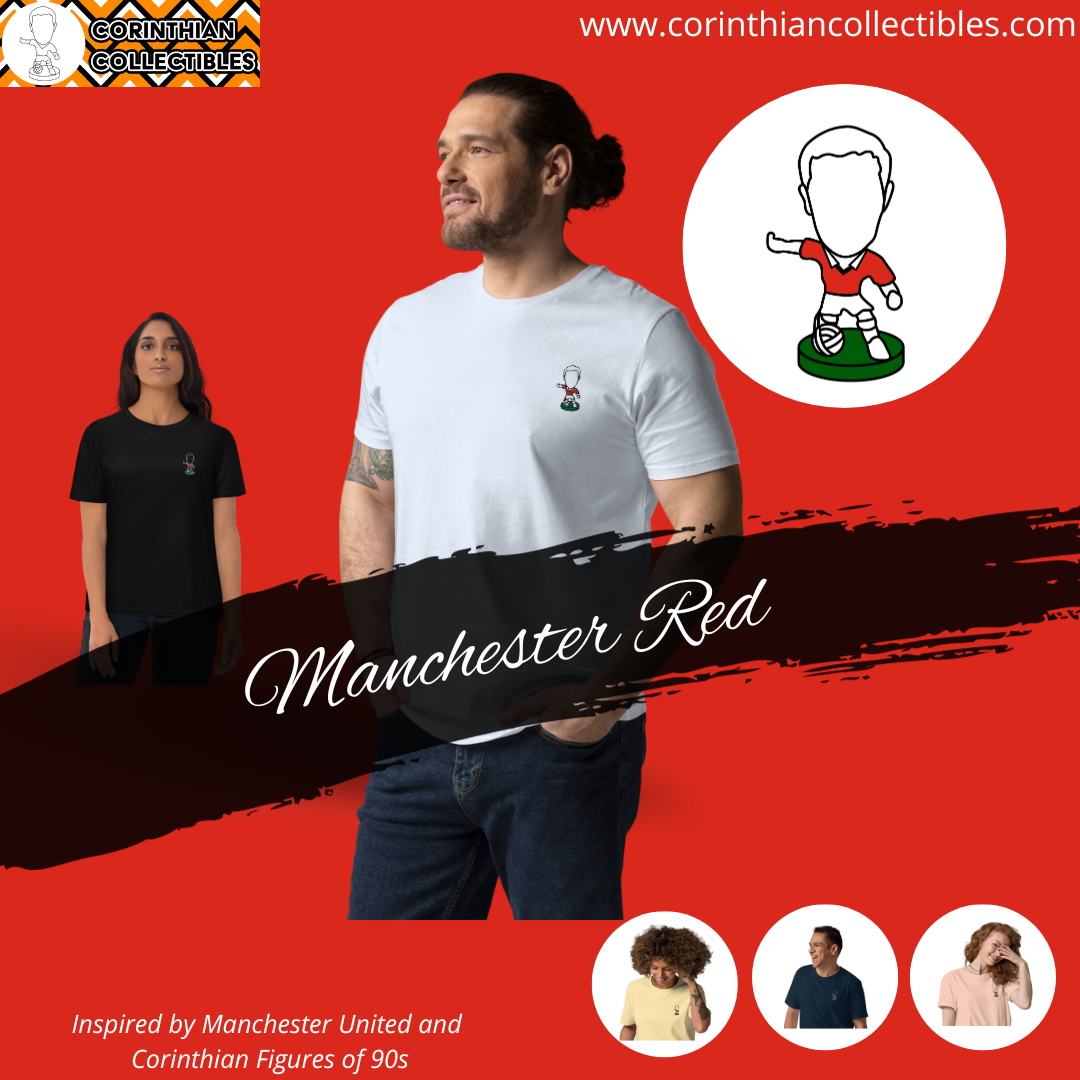 Manchester Red (White Outline) - Embroided Logo - Unisex Organic Cotton Football T-Shirt - Manchester United Inspired Design