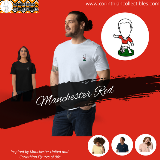 Manchester Red (White Outline) - Embroided Logo - Unisex Organic Cotton Football T-Shirt - Manchester United Inspired Design