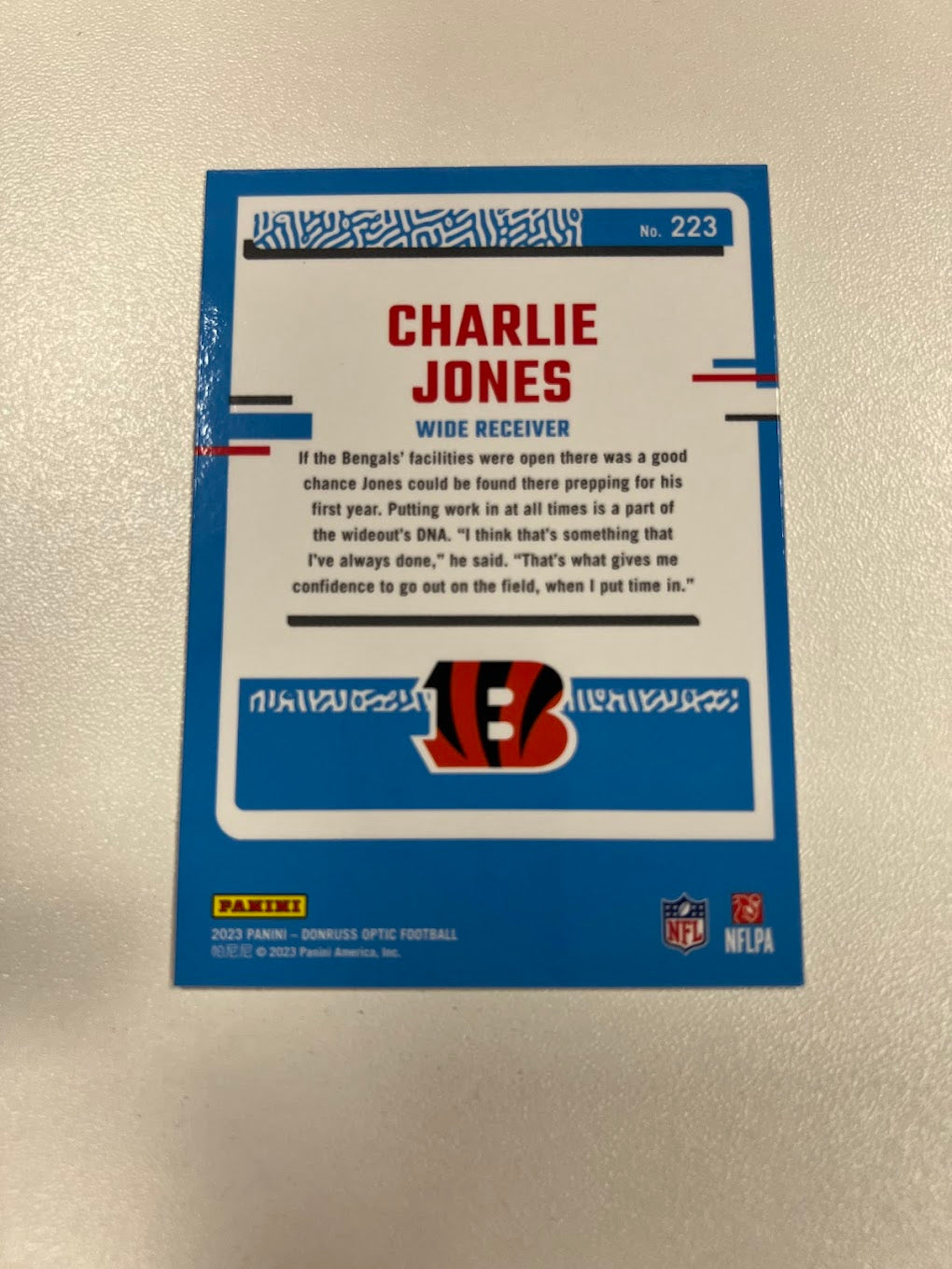 2023 Panini Donruss Optic-Rated Rookie Holo Prizm #223 Charlie Jones(RC) Bengals NFL Card