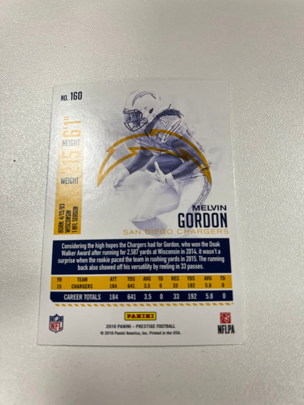 2016 Panini Prestige #160 Melvin Gordon Chargers NFL Card