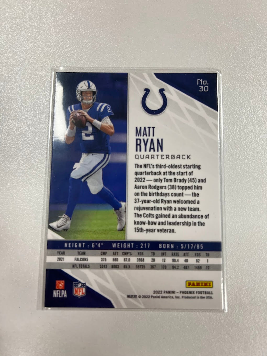 2022 Phoenix Football Matt Ryan #30 Silver Colts NFL Card