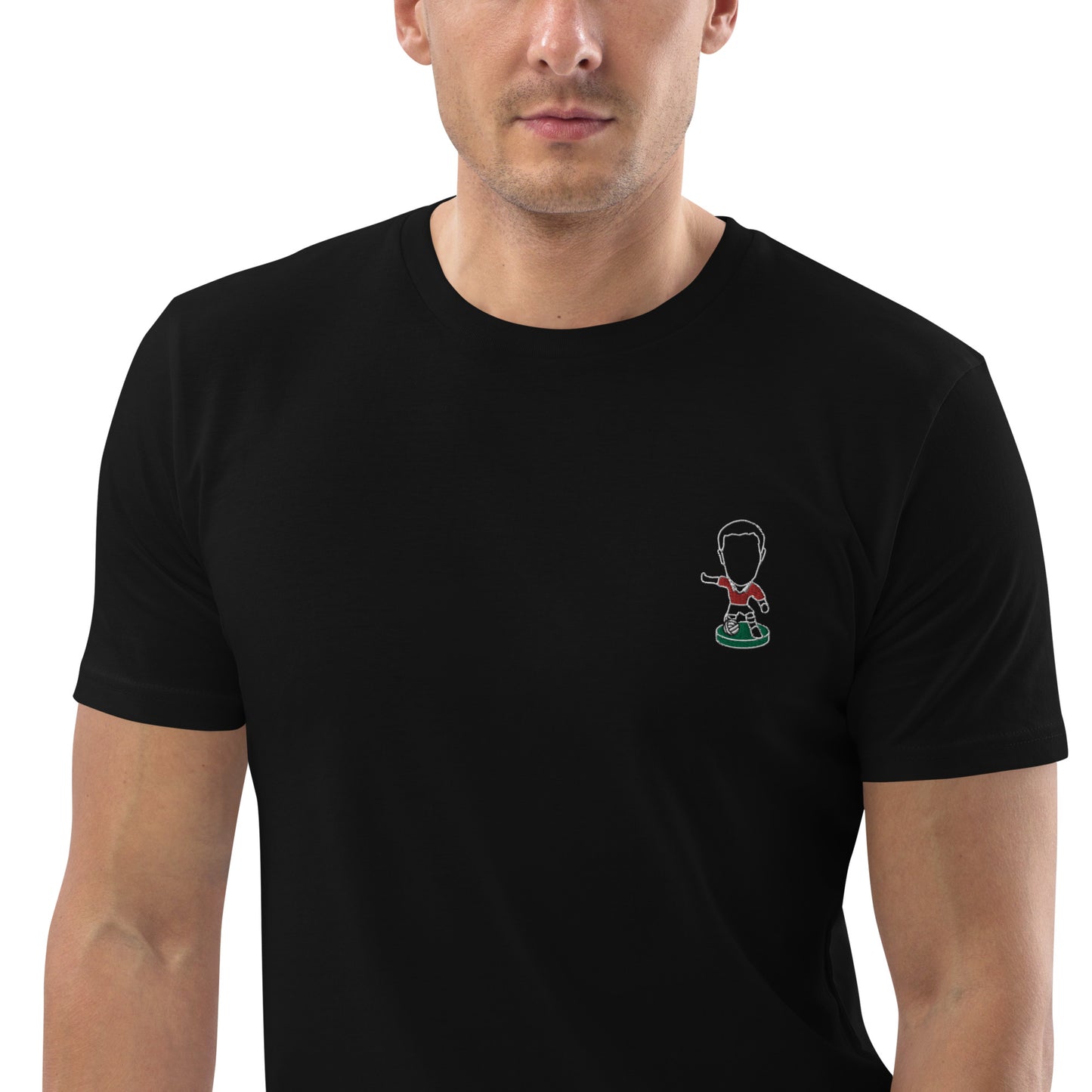 Manchester Red (White Outline) - Embroided Logo - Unisex Organic Cotton Football T-Shirt - Manchester United Inspired Design